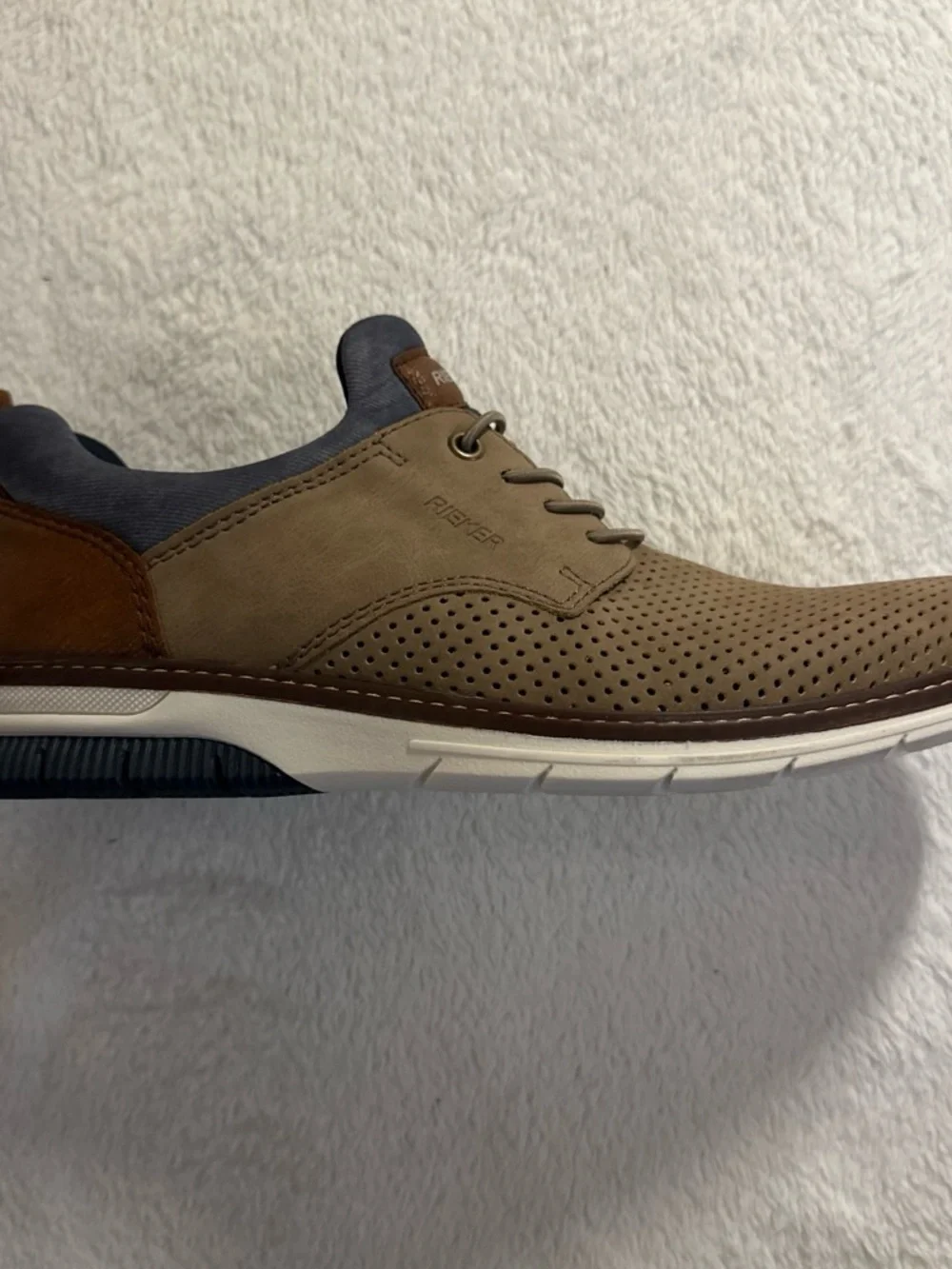 Rieker Brown Perforated Lace-Up Oxfords with Navy Trim